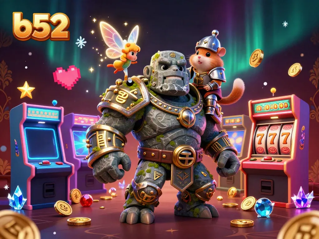 Engage with the b52 gaming adventure featuring a stone golem, fairy magic, and a hamster knight in a vibrant casino.