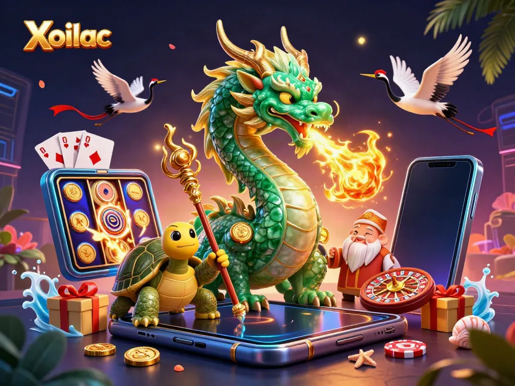 Xoilac offers a thrilling online gaming experience with a vibrant dragon and lucky cranes amidst casino elements.