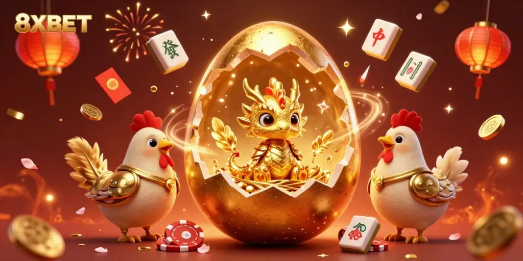 Experience thrilling wins at 8XBET while a golden dragon guards the jackpot nest surrounded by coins and festive elements.