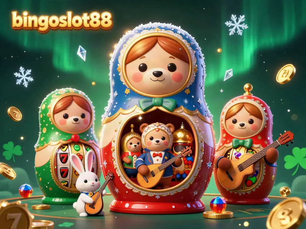 Bingost88 menghadirkan sensasi bermain slot dengan gambar Matryoshka beruang dalam suasana kasino yang meriah.