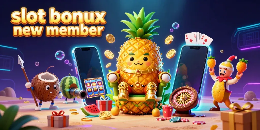 Enjoy vibrant slot action with the slot bonus new member from a colorful cartoon casino scene featuring the pineapple king.