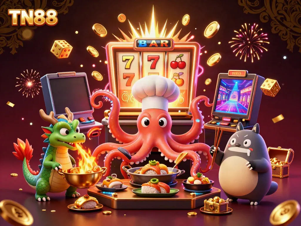 Experience the thrill of winning at TN88 with an engaging casino scene featuring animated characters and vibrant game elements.
