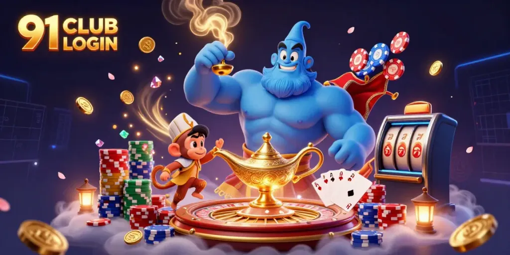 Engage with 91 CLUB LOGIN to explore thrilling casino adventures featuring a blue genie and vibrant poker chips.