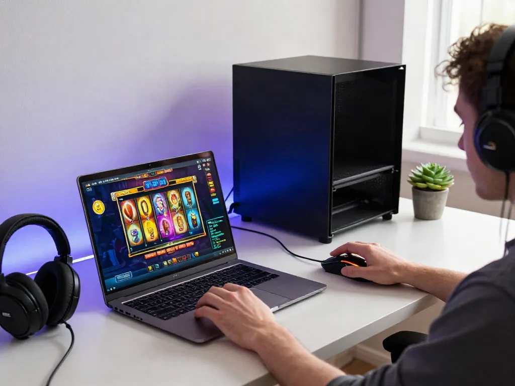 Player enjoying slot88 on a sleek laptop in a dynamic gaming setup, surrounded by vibrant accessories.