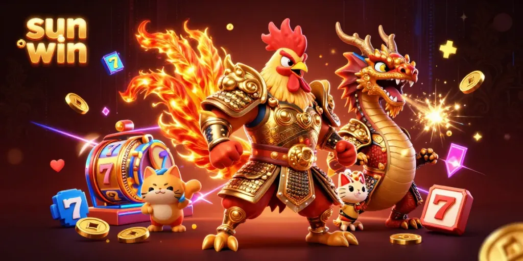 Engage in thrill with Sun Win as the fighting rooster and dragon celebrate victory amidst flashy slot machines.