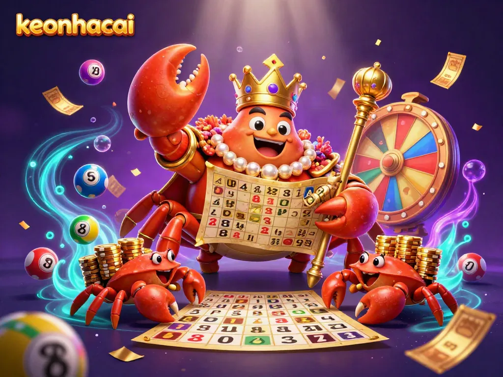 Experience keonhacai excitement with a king crab holding treasures amidst vibrant casino elements.