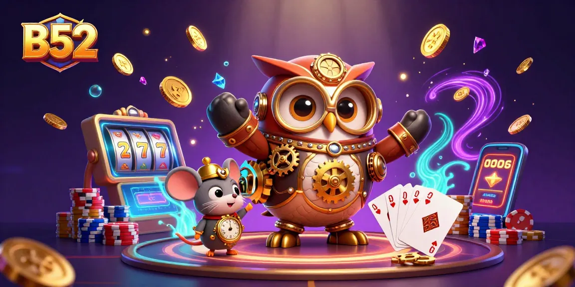 Engage in thrilling gameplay with B52 at the vibrant steampunk casino scene filled with animated slot machines and festive elements.