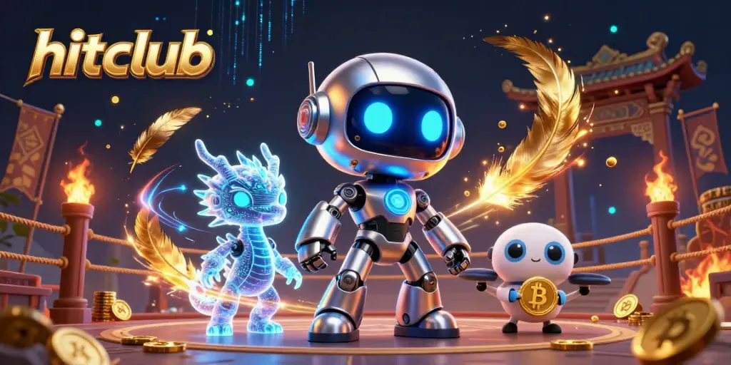 Experience excitement at hitclub with a vibrant 3D illustration featuring dynamic gaming elements and characters.