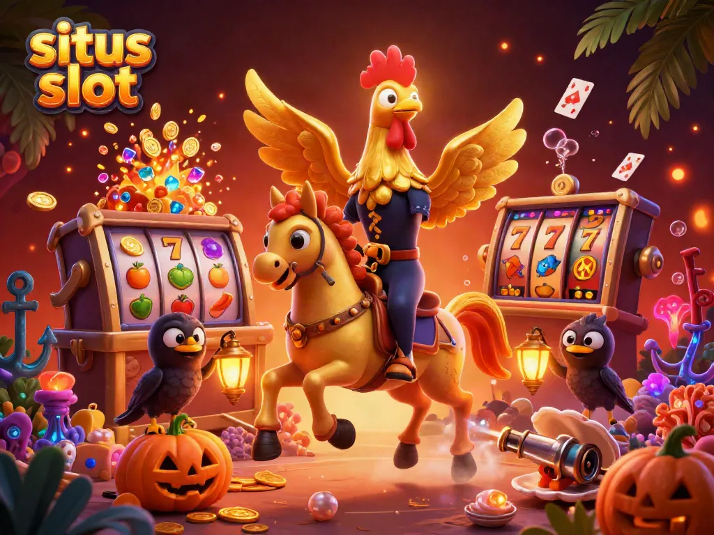 Situs slot themed 3D illustration with a golden rooster and slot elements in a casino.