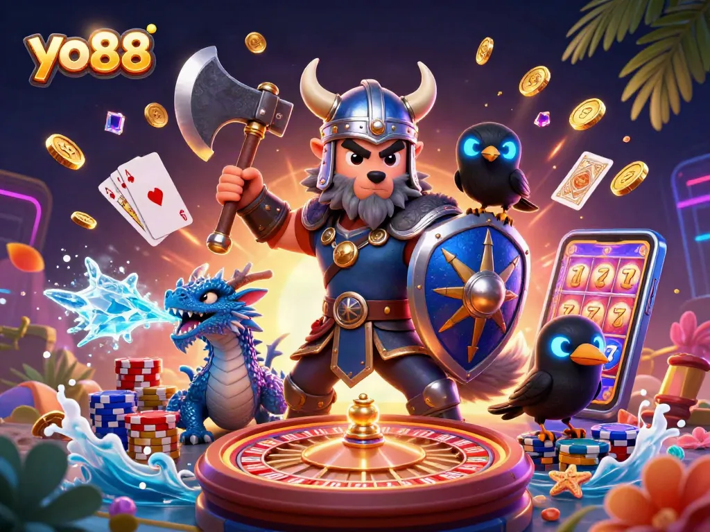 Spin the reels and win big at yo88 with vibrant casino-themed digital illustration.