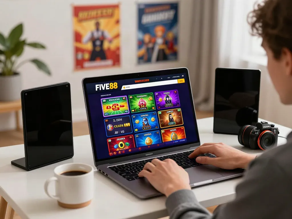 Experience FIVE88's online gambling platform with engaging games in a cozy setting.