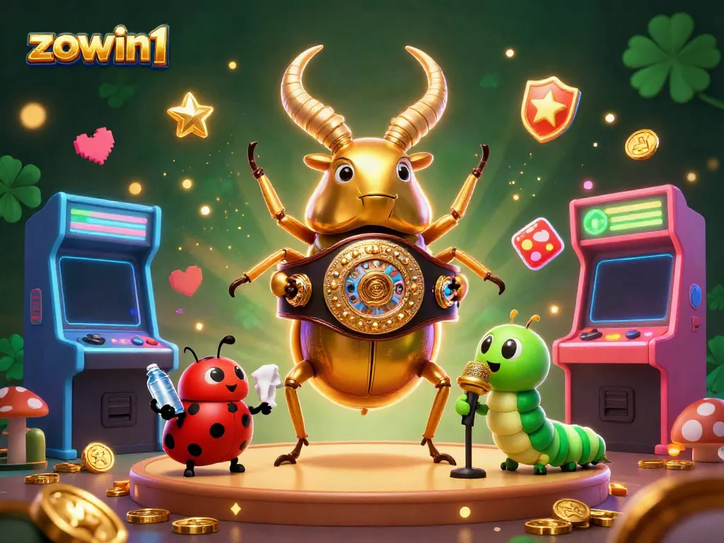 Engage with the dynamic world of zowin1, featuring a golden stag beetle boxing champion amidst arcade elements in a colorful casino scene.