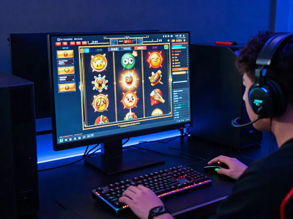 Exciting gaming setup showcasing a player engaged with vibrant slot games on a monitor, ideal for situs slot gacor enthusiasts.