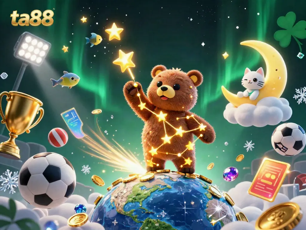 Engage with ta88 as the constellation bear collects glowing coins amidst vibrant casino elements.