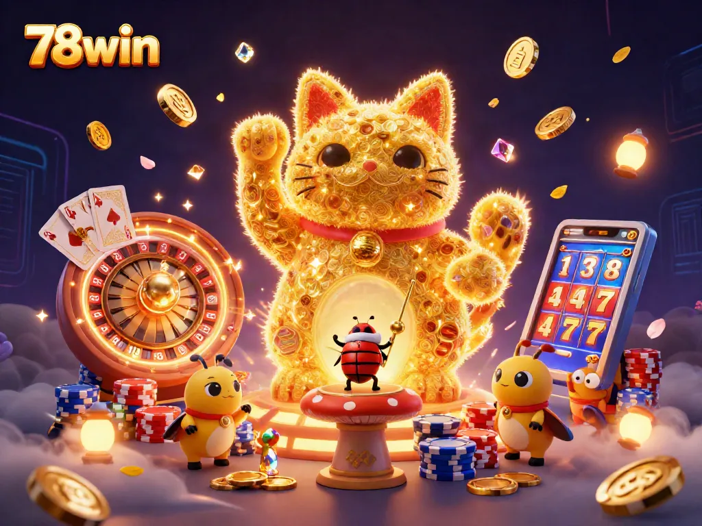 Experience the magic of 78win with a vibrant, dynamic casino scene filled with lucky symbols and energy.