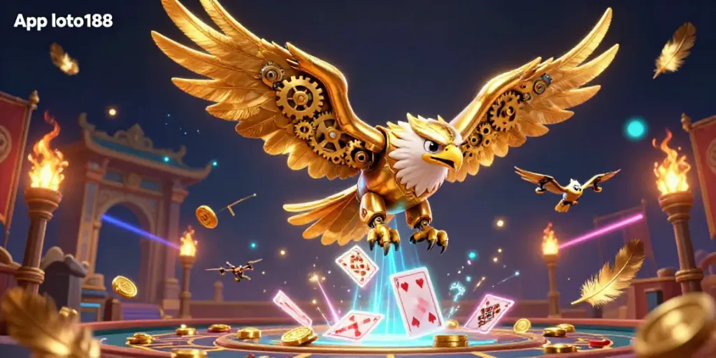 Engage with App loto188 in a vibrant gambling scene featuring a golden eagle and dynamic card play.