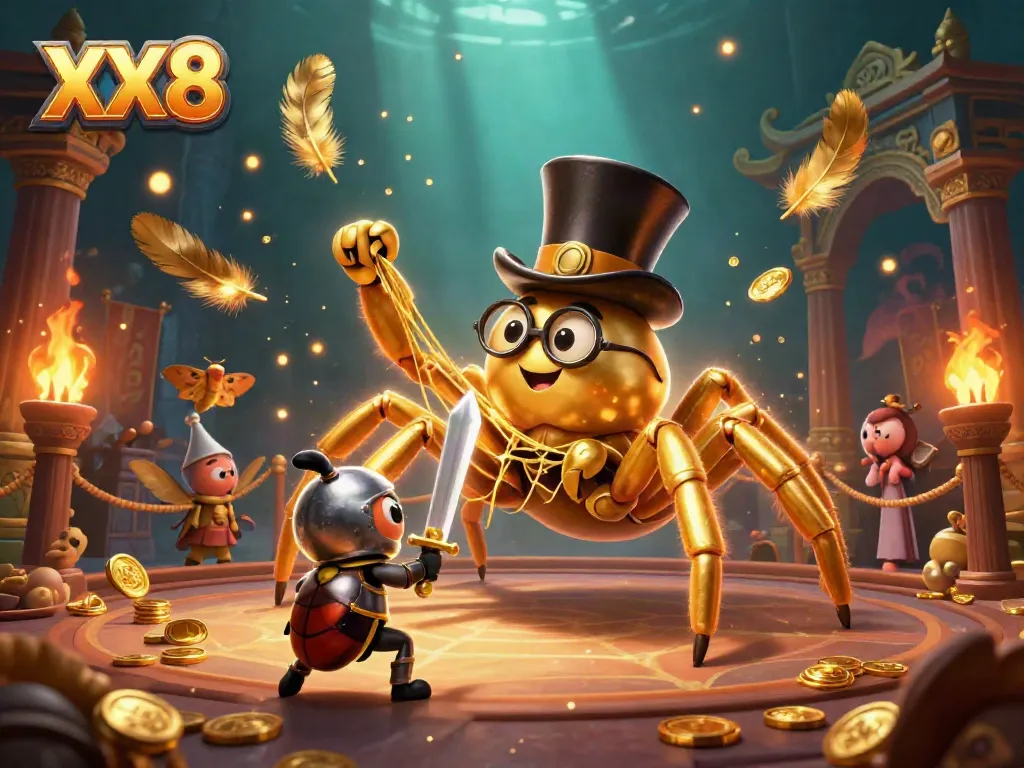 The XX8-themed vibrant casino scene features a golden tarantula with a web, beetle knight, and moth spectators.
