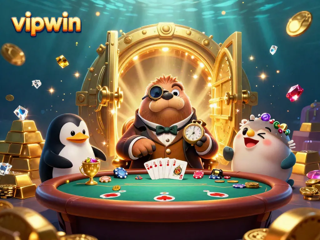 Experience the thrill of poker action with vipwin as the jolly walrus, sophisticated penguin dealer, and bluffing pufferfish at an underwater table.