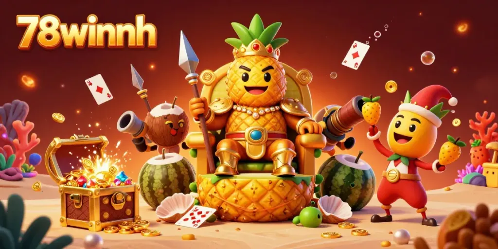 Win big at 78winnh with colorful casino characters and treasures in a vibrant beach scene.