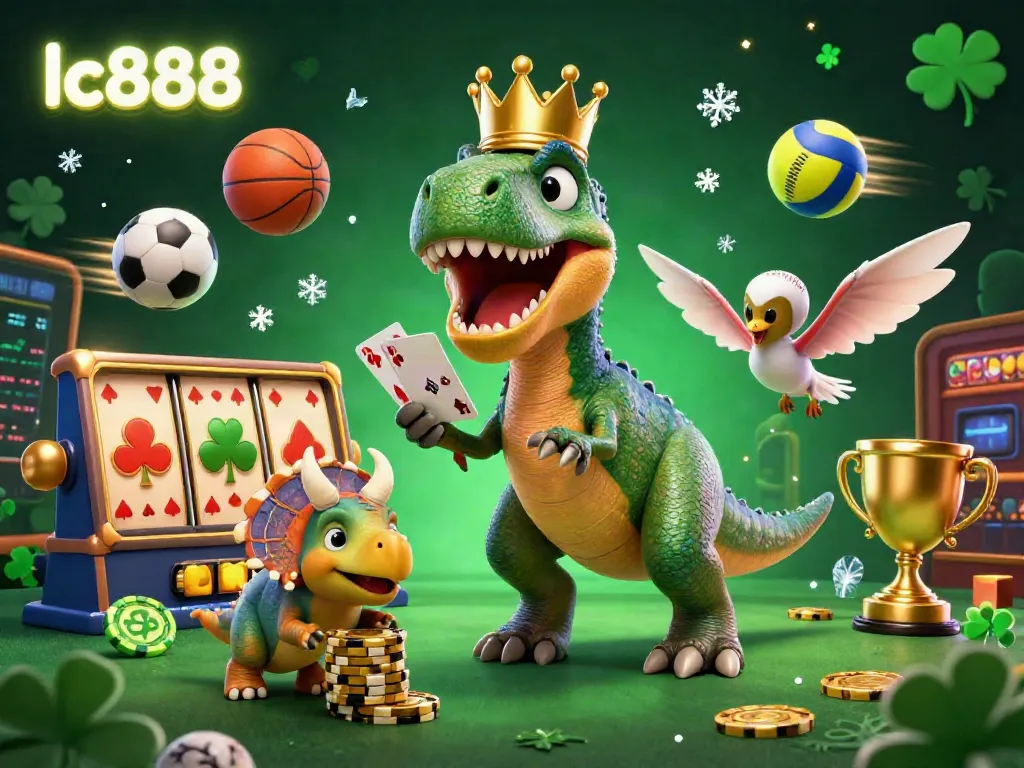 Experience thrilling gaming action at lc888 with a T-Rex shuffling cards and triceratops stacking chips.