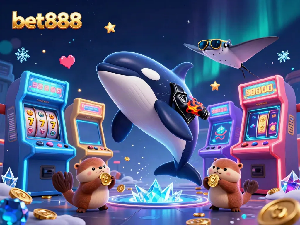 Experience excitement with bet888 as a cartoon orca, stingray, and sea otters showcase casino fun in a dynamic scene.