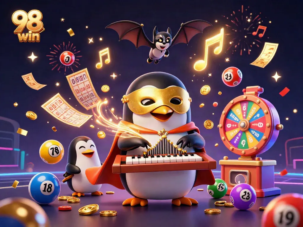 Experience the excitement of 98 win with a vibrant casino-themed 3D illustration bursting with energy.