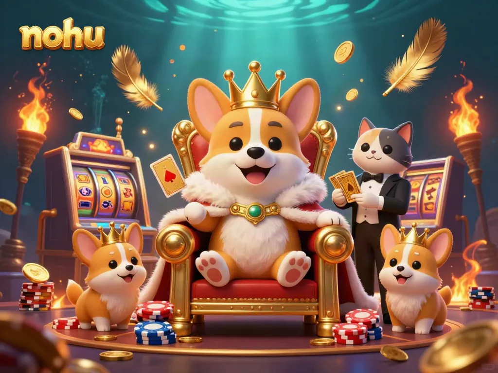 Engage with the exciting world of nohu, as a royal corgi sits triumphantly on a poker chip throne amidst swirling slot machine reels.