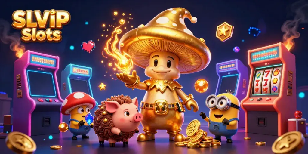 Experience the magic of SLVIP Slots with a whimsical wizard and treasure hunting pig, surrounded by colorful gaming elements.