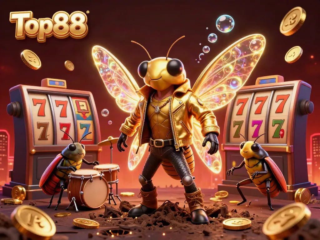 Join the excitement at Top88 with a vibrant 3D casino scene showcasing a cicada rock star, beetle drummer, and dynamic slot elements.