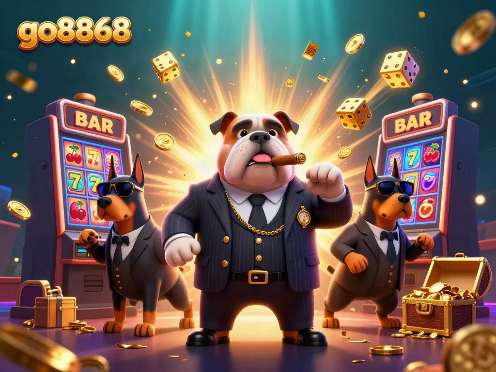 Win big with go8868 in a vibrant 3D casino scene featuring playful mafia and jackpots.