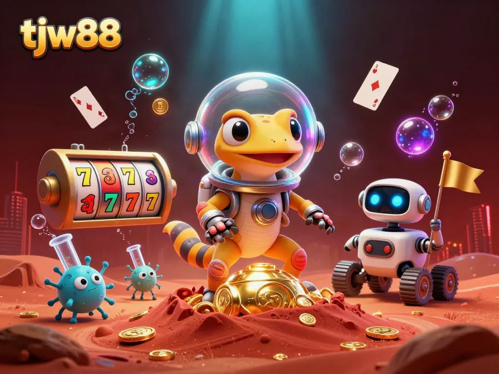 Experience tjw88's thrilling golden casino adventure on Mars with vibrant characters and engaging elements.