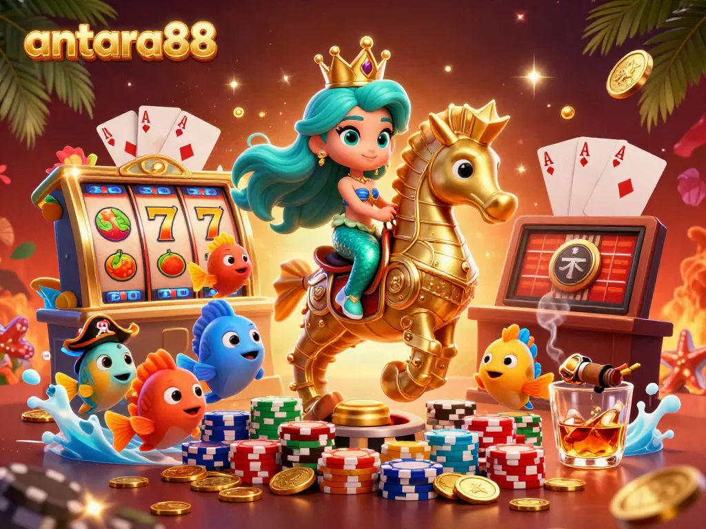 Engage in thrilling gameplay at antara88 with a captivating scene featuring a mermaid princess riding a seahorse amidst vibrant casino elements.