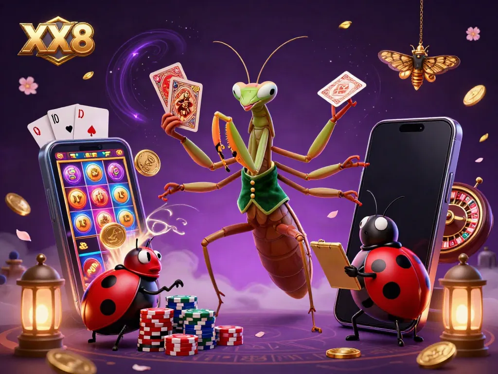 Experience gaming excitement at XX8 with a vibrant scene of casino elements and characters.