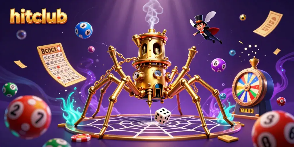 Join the hitclub scene with a steampunk spider weaving a golden web of chance amid vibrant gambling elements.