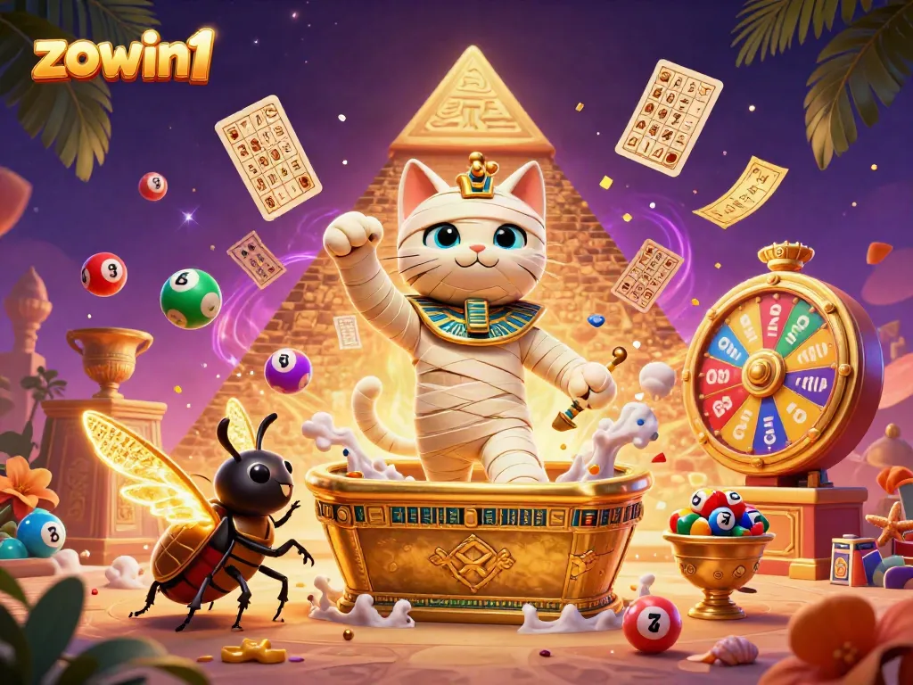 Experience the excitement of zowin1 with a vibrant 3D casino illustration featuring gaming elements.