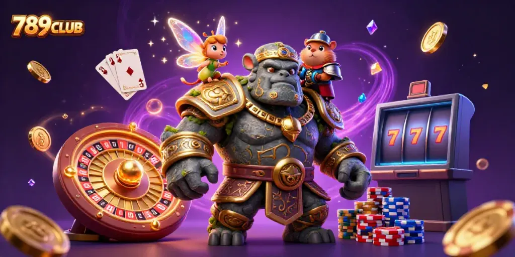 Engage with 789CLUB’s vibrant world of online gaming featuring a stone guardian, fairy magic, and rich casino elements.