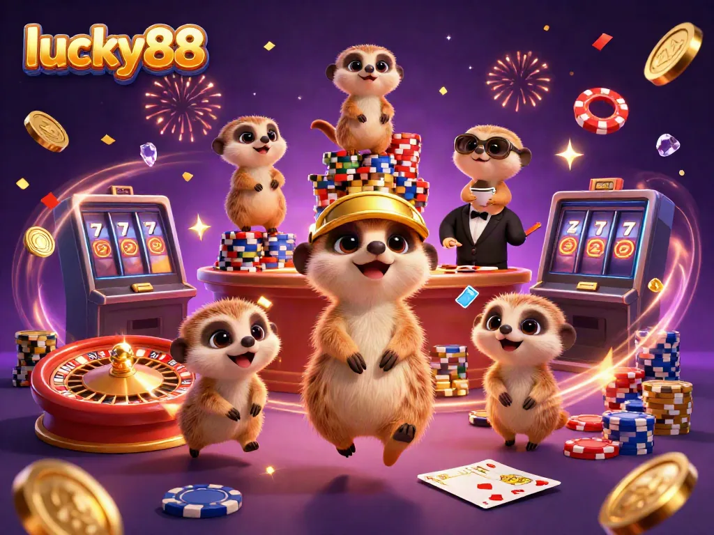 Engage with lucky88 at a dynamic casino, featuring meerkats in action with gold coins and vibrant elements.