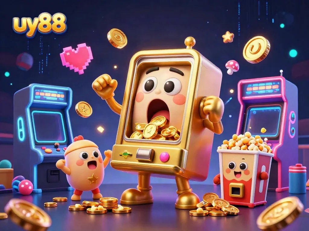 uy88 slot machine celebrates a jackpot victory as coins burst forth, with colorful casino elements.