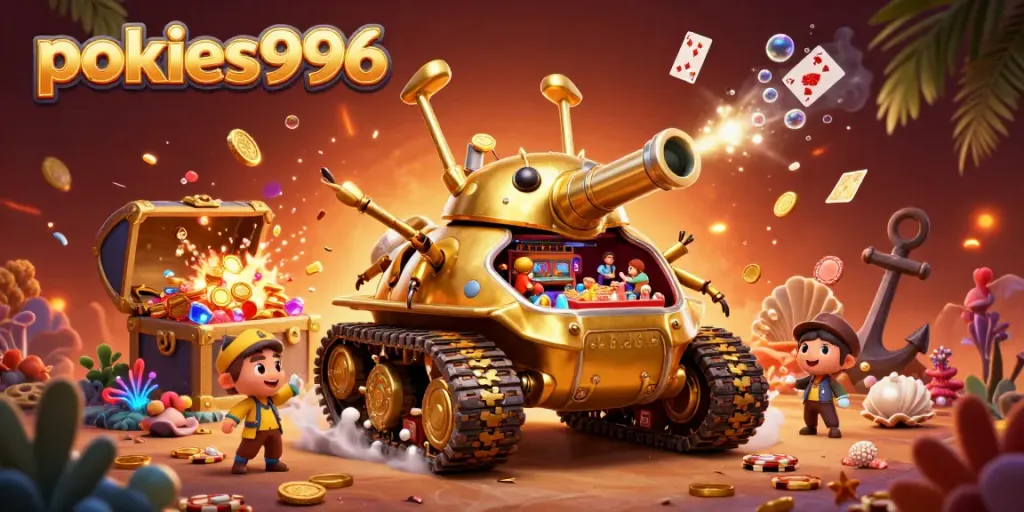 Experience the thrill of pokies996 with winning spins atop a golden beetle tank casino.