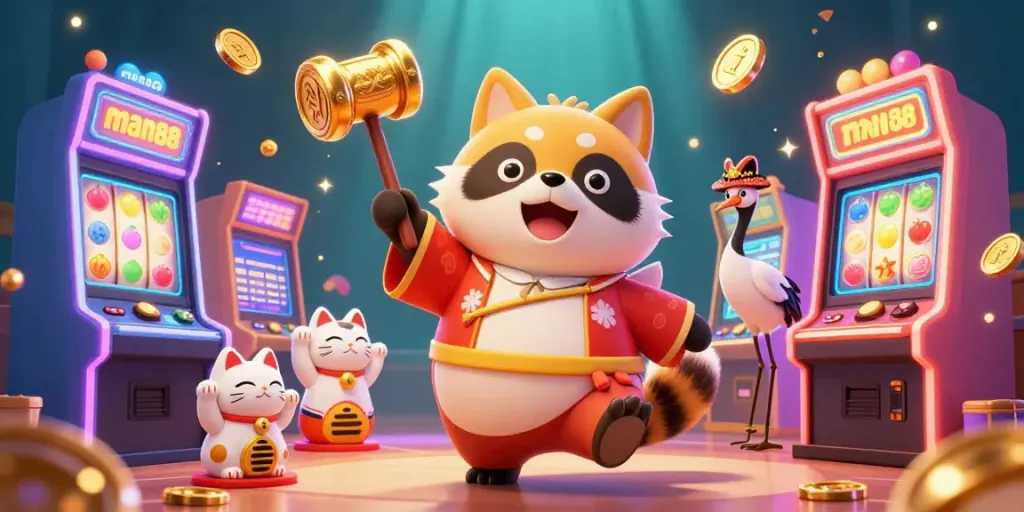 Experience vibrant luck with man88 as a cheerful tanuki and crane play games surrounded by colorful slots and lucky cats.