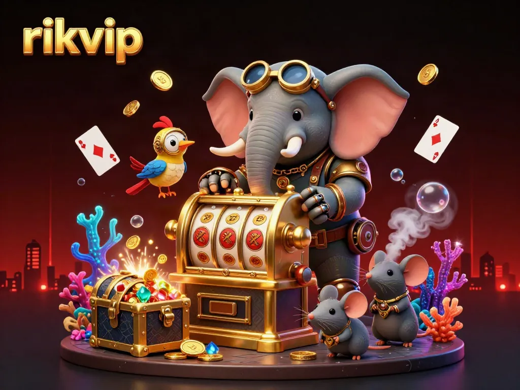 Join the fun at rikvip with a vibrant 3D steampunk illustration featuring an elephant engineer on a slot machine amidst a treasure-filled underwater scene.