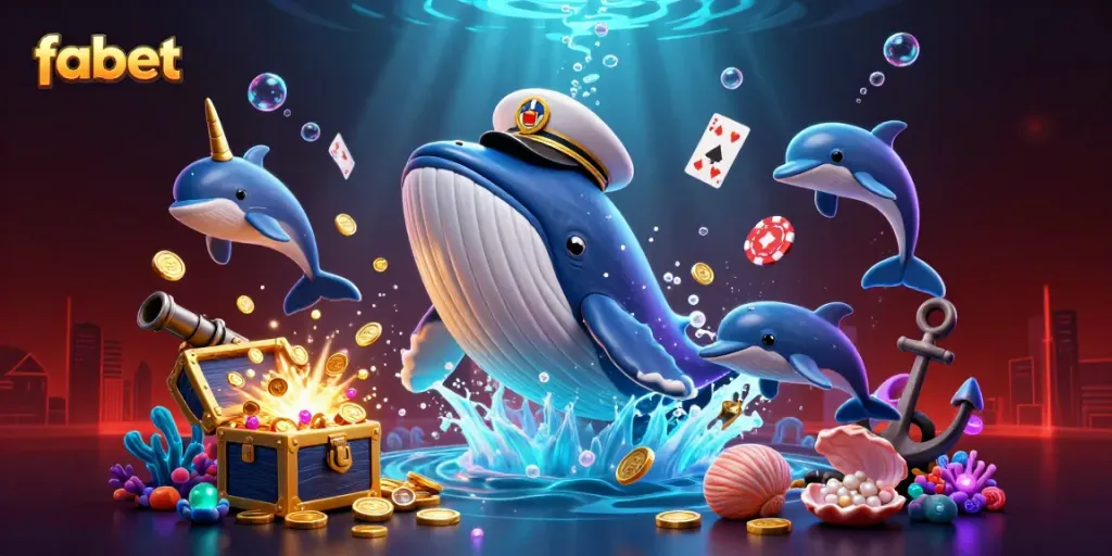 Fabet players experience thrilling casino fun with a cartoon whale and dolphins amidst a sea of coins and poker chips.