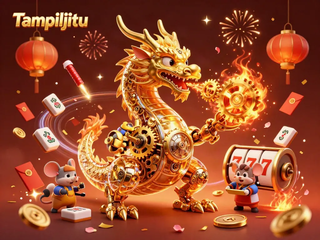 Tampiljitu's dynamic casino fantasy scene showcasing a golden dragon amid festive gaming symbols and slot machines.