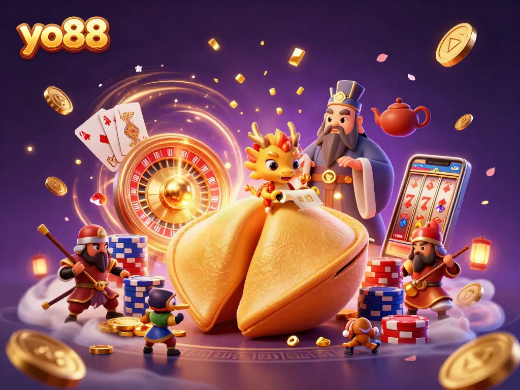 Experience high-stakes excitement with yo88's animated casino scene of fortune cookies and dragons.