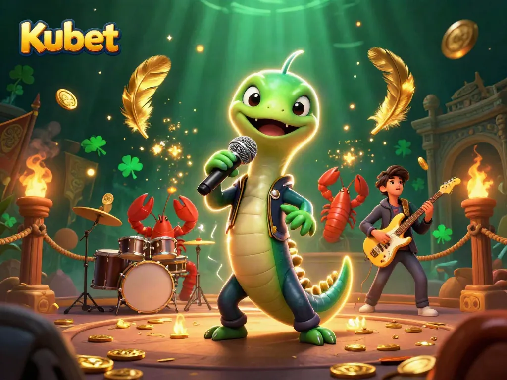 Kubet showcases a vibrant underwater casino performance featuring an electric eel DJ, lobster drummer, and seahorse guitarist amidst dynamic gaming elements.