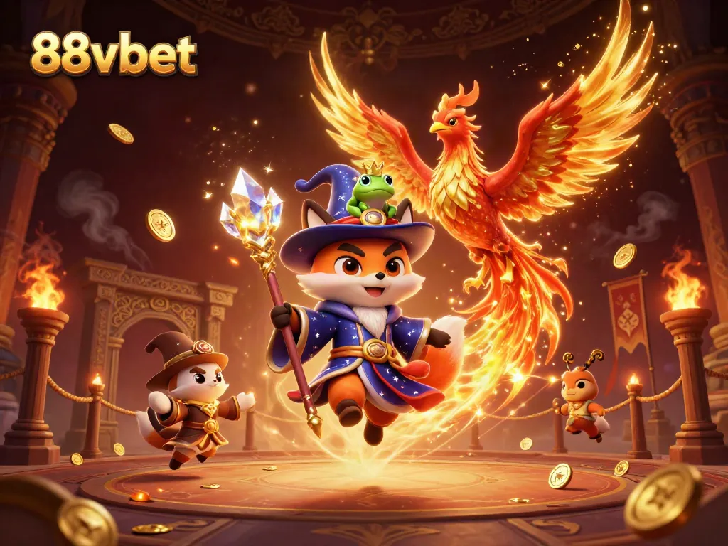 Engage with the magical world of 88vbet, featuring a wizard fox, phoenix, and vibrant casino elements.