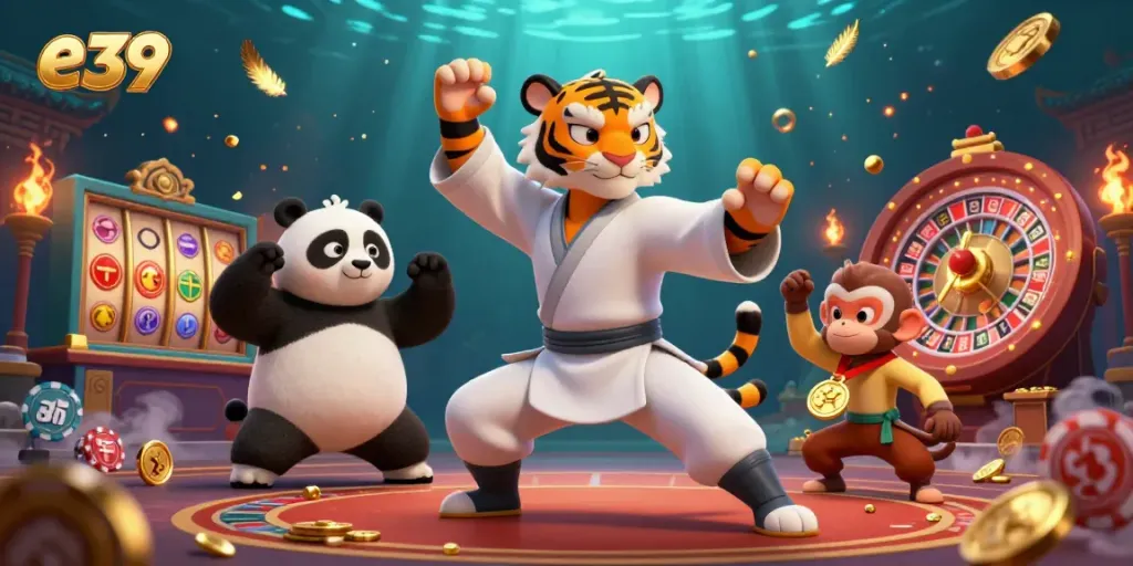E39 promotes winning strategies in a lively casino atmosphere with tiger master and playful characters.