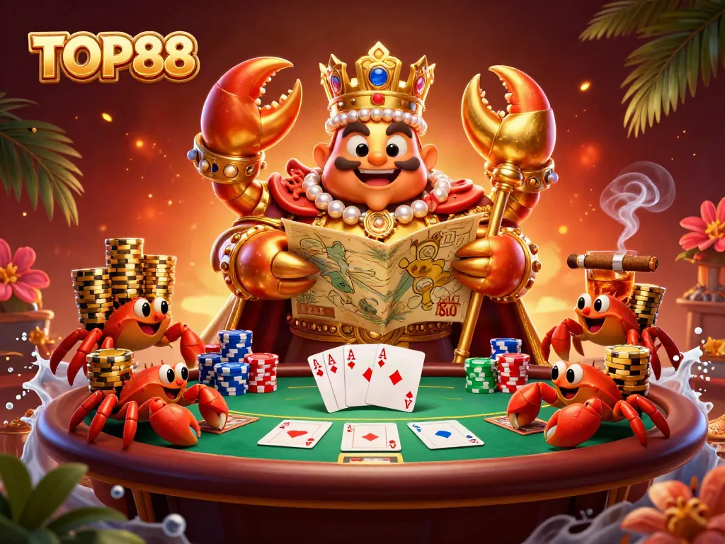 Engage in thrilling poker action with TOP88's golden crab emperor in a vibrant casino scene.