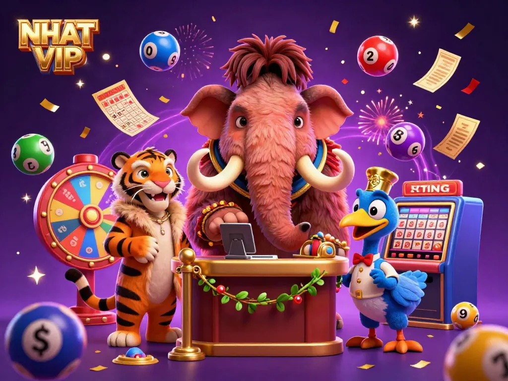 Engage with NHATVIP's vibrant casino scene featuring unique characters, energetic lottery elements, and exciting gaming atmosphere.