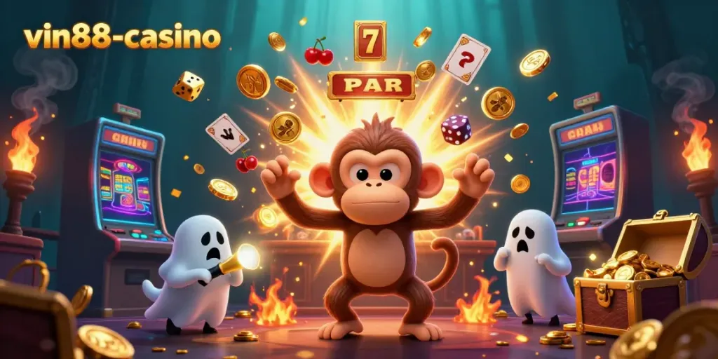 Engage in thrilling action at vin88-casino as golden objects fly in a vibrant haunted casino scene.